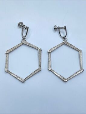 Vintage Signed Danielle Pewter Geometric Hexagon Dangle Earrings Art Deco